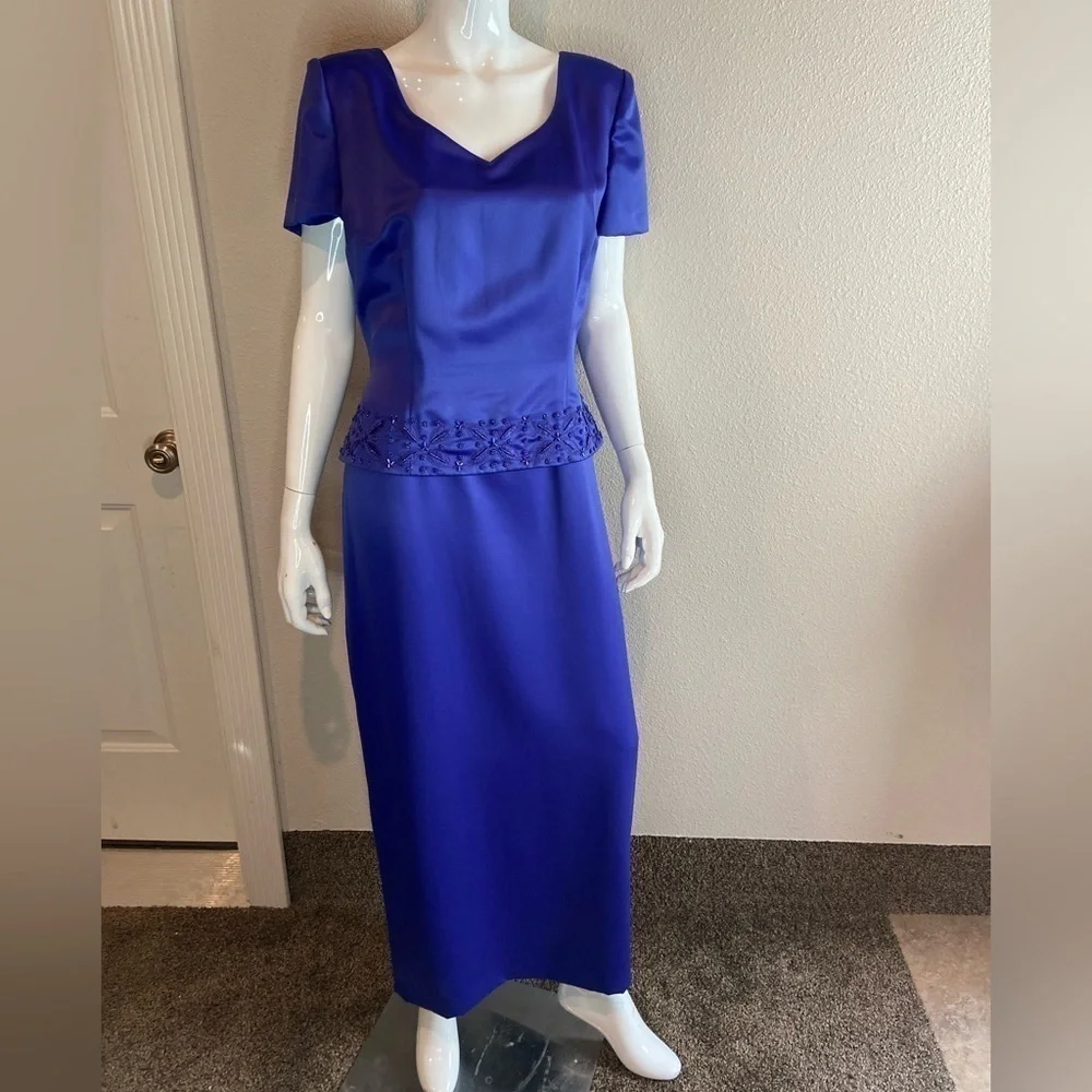 Donna Morgan~Lovely Beaded Formal Maxi Dress~Back Zipper~Short Sleeve~Size 14 - Picture 1 of 14